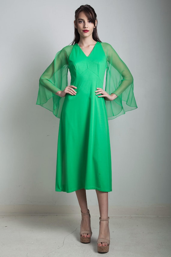 vintage 70s green midi empire dress sheer angel sleeves polyester knit SMALL MEDIUM S M