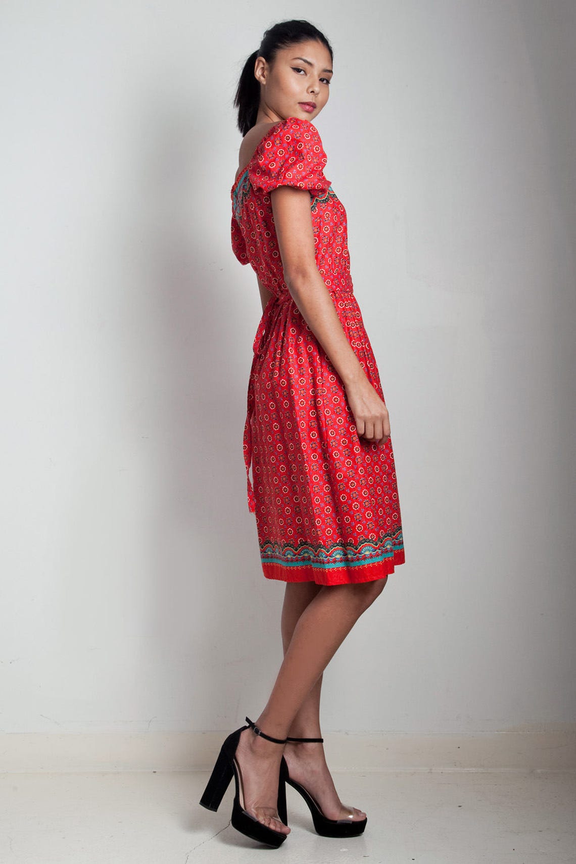 Vintage 70s Red Cotton Bandana Dress Square Neck Short Doll Etsy