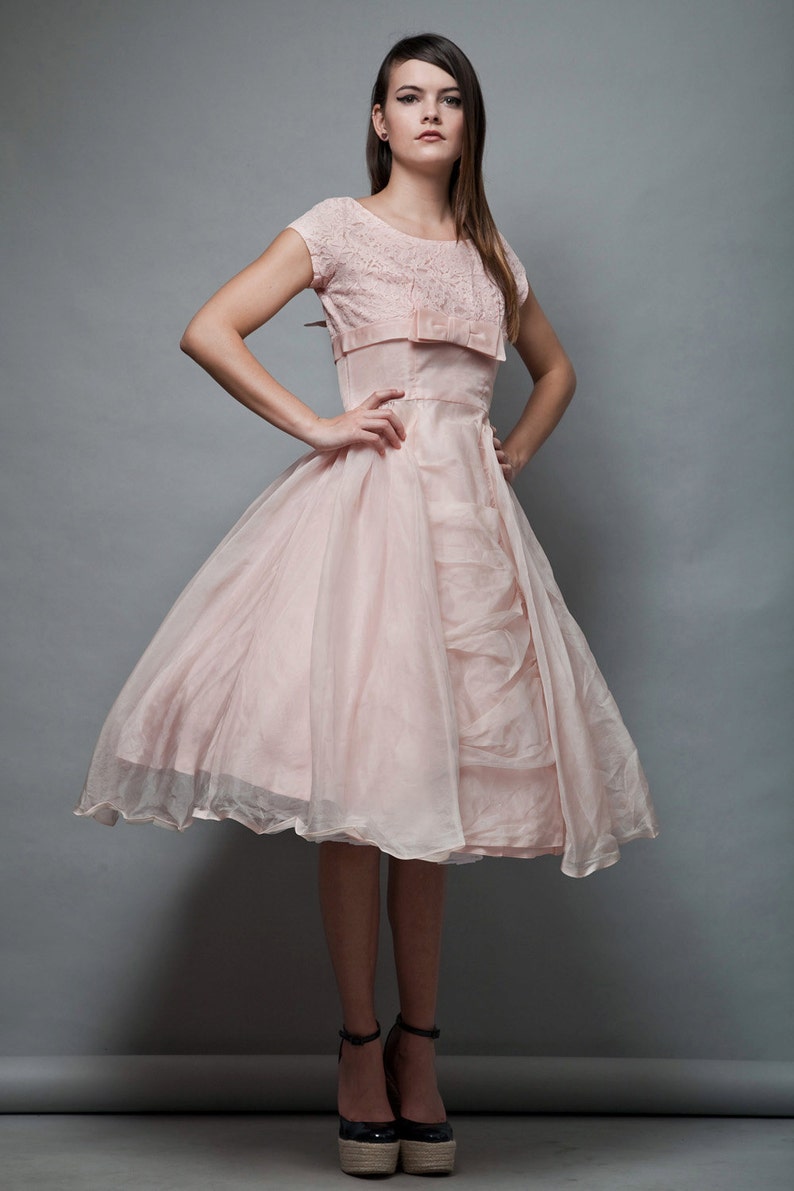 vintage 1950s new look cupcake organza party dress pink bow lace cap sleeves prom full skirt MEDIUM M image 1