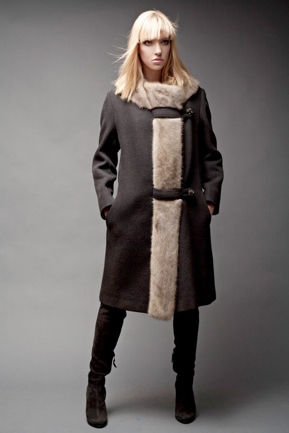 Fur Trim Coat Vintage 50s Wool Silver Mink Fur Tr… - image 1