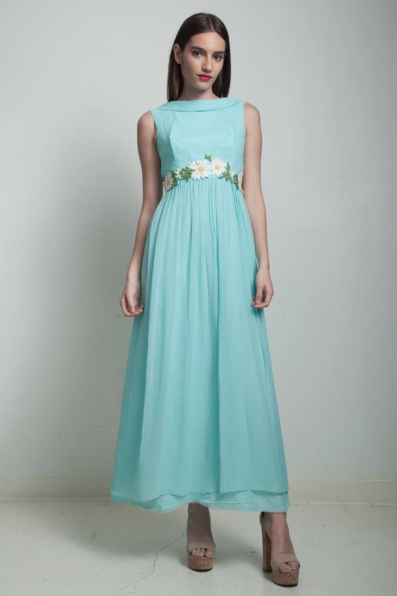 vintage 60s maxi dress blue sheer daisy applique floral empire waist bow SMALL S