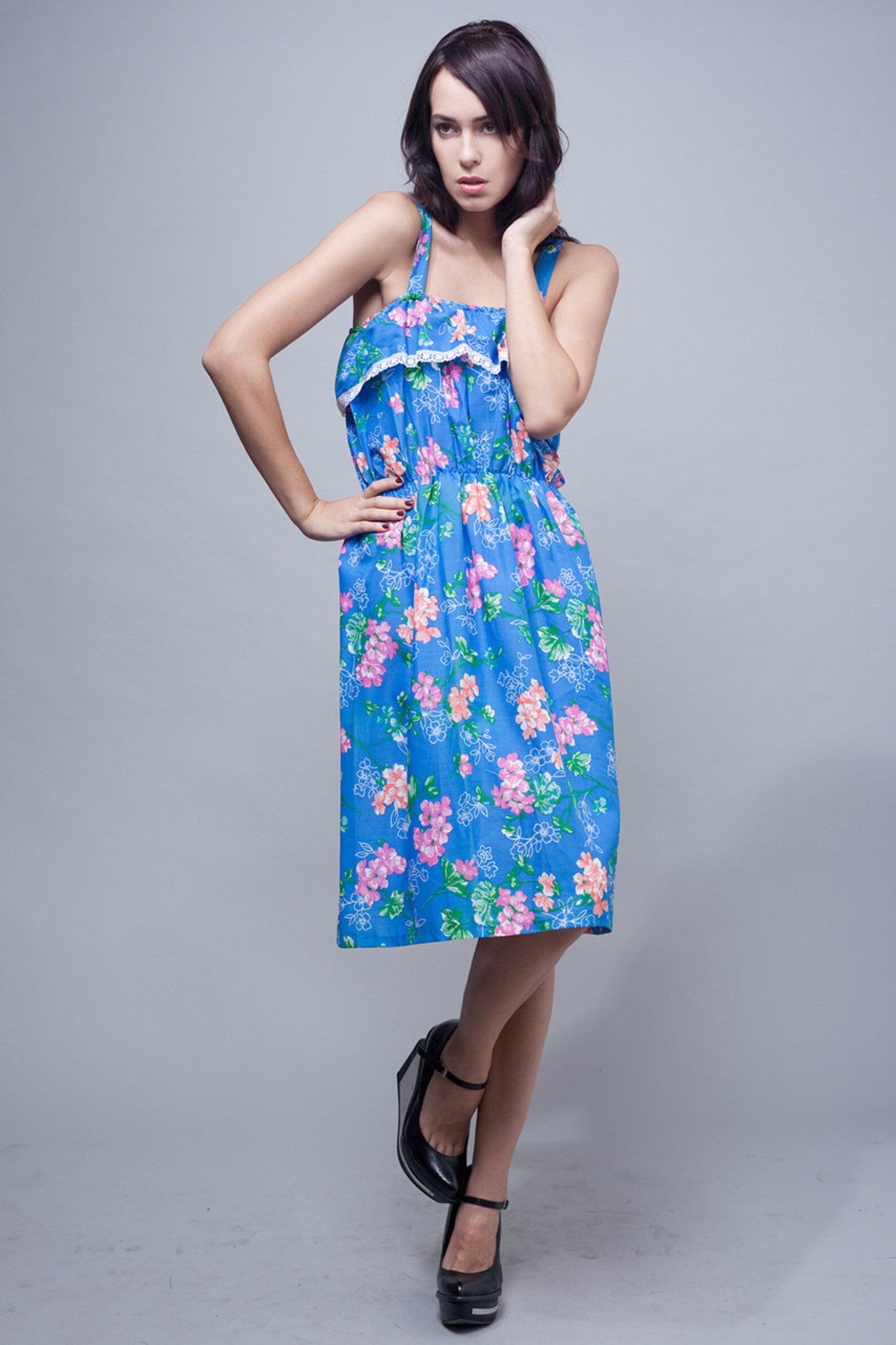 Summer Dress, Floral Dress, Blue Cotton Dress, Sun Dress, Vintage 70s