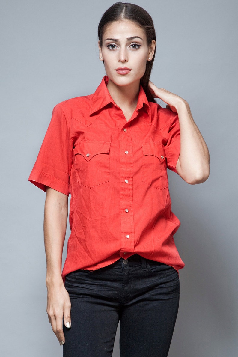 western short sleeves red cowboy shirt cotton pearl snaps vintage 70s M medium image 2