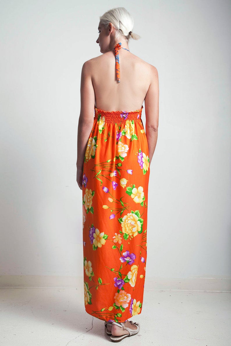 Vintage 70s Hawaiian Halter Maxi Dress Orange Floral Open Back Smock ...