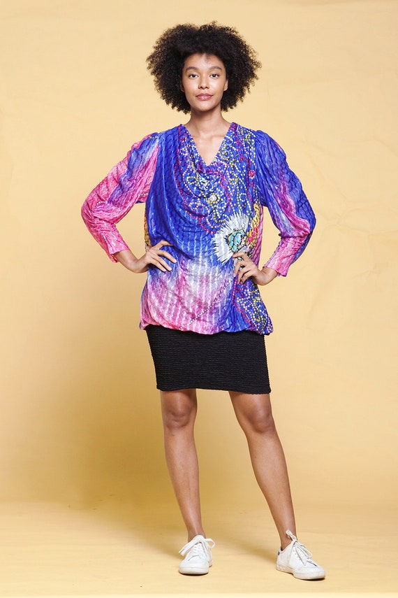 colorful bubble party mini dress long sheer gathered sleeves cowl neck vintage 80s SMALL MEDIUM S M colorful bubble party mini dress long sheer gathered sleeves cowl neck vintage 80s SMALL MEDIUM S M