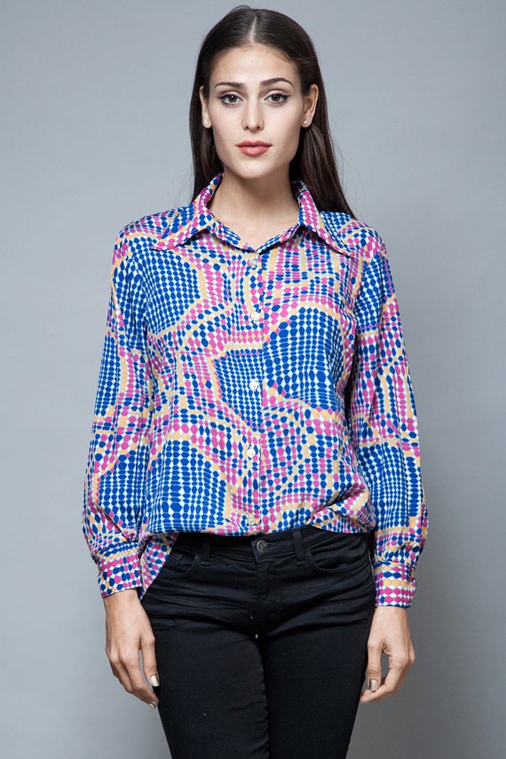 op art printed top blouse navy blue pointy collar… - image 2