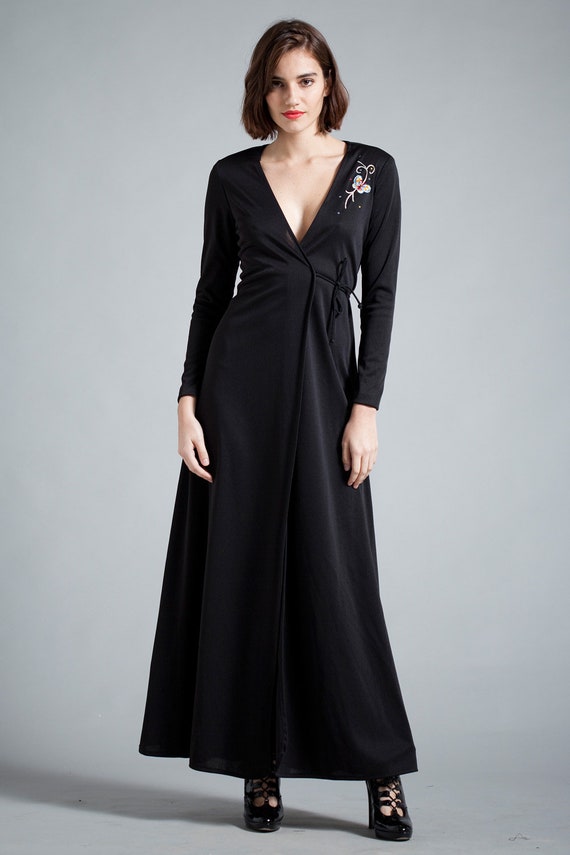 vintage 70s maxi wrap dress black long sleeves bu… - image 4