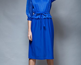 secretary dress blue vintage 70s pleated layered floral cobalt belted peplum long sleeves MEDIUM LARGE M L