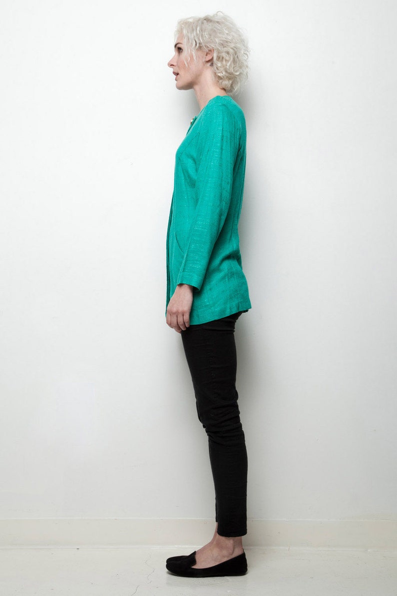 green minimalist top long sleeve button down vintage 80s M MEDIUM image 4