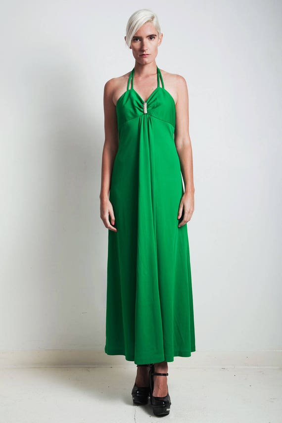 vintage 70s green hostess halter maxi dress empir… - image 2