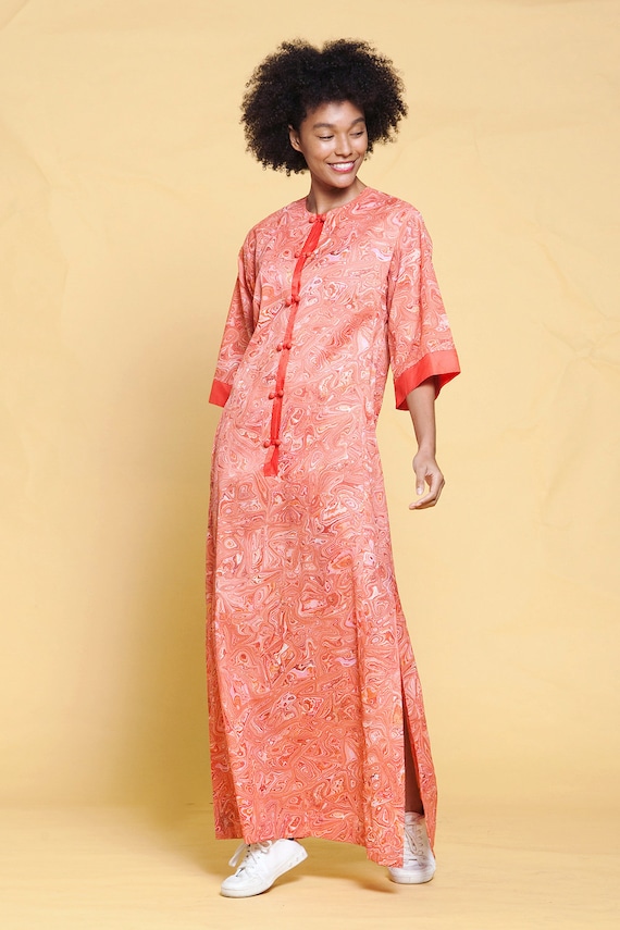 shoprabbithole Maxi Dress Psychedelic Op Art Marble Swirl Print Red Asian Inspired Hostess Dress Chinoiserie Vintage 70s Medium M