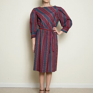 Secretary Dress 1970s 70s Vintage Striped diagonal stripe stripes Sash Belt 3/4 sleeves below the knee midi M MEDIUM image 2