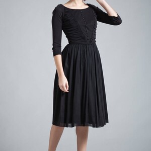 vintage 50s 1950s LBD little black crepe dress gathered 3/4 narrow sleeves XS S extra small SMALL image 2