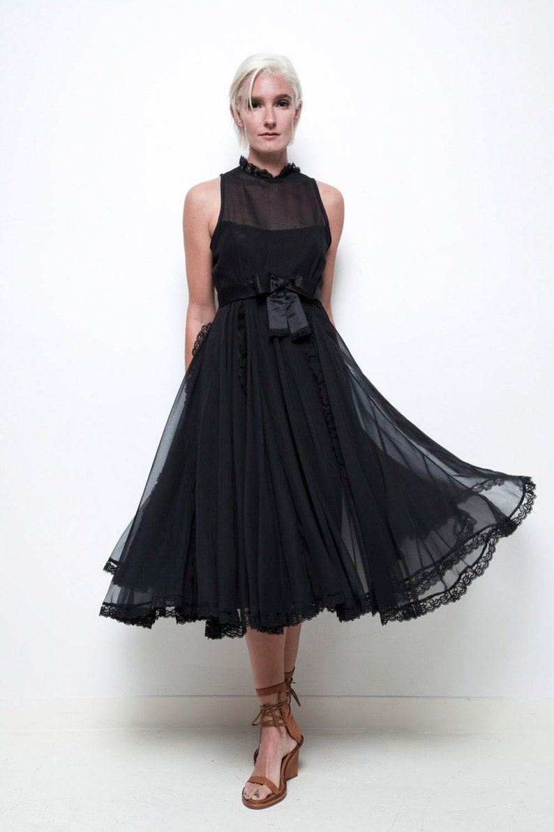 black sleeveless party dress lace trims full skirt sheer chiffon keyhole back vintage 80s M MEDIUM image 4