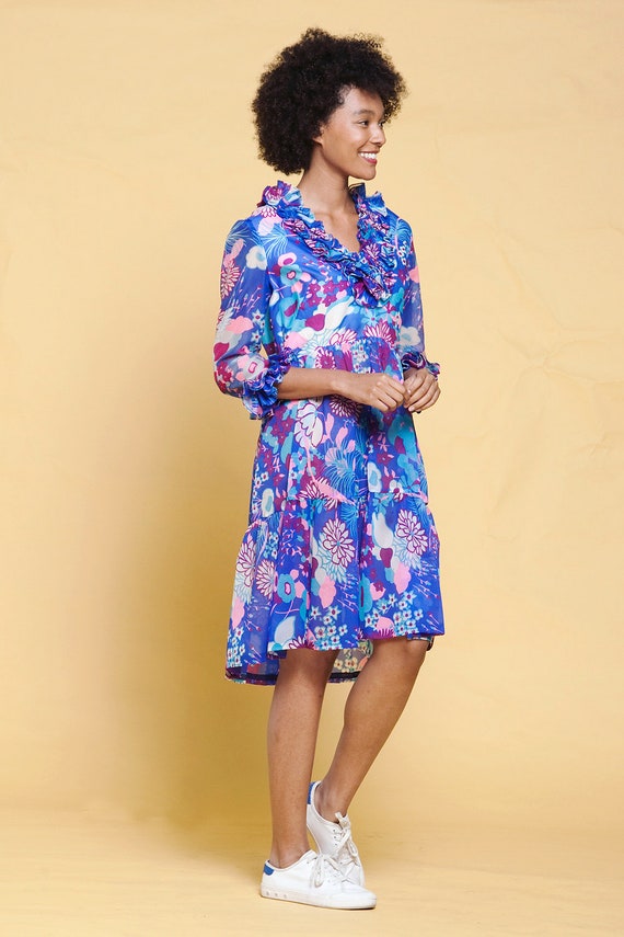 Victor Costa Romantica dress sheer blue pink flor… - image 5