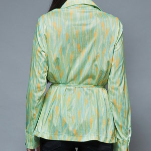 belted polyester shirt vintage 70s light green yellow bamboo stripes XL 1X extra large plus size image 4