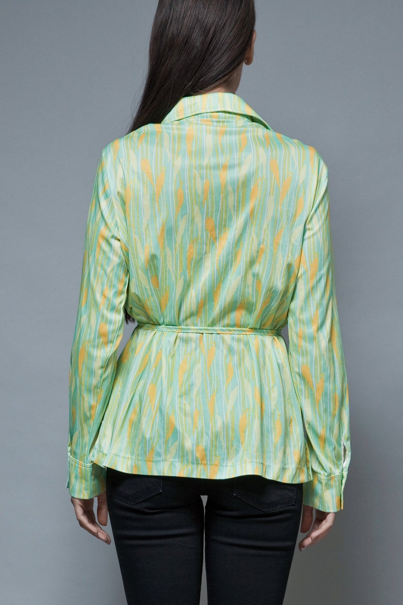 belted polyester shirt vintage 70s light green yellow bamboo stripes XL 1X extra large plus size 画像 4