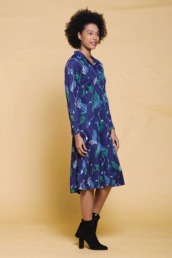 shirt dress leaf print long sleeves navy blue gre… - image 6
