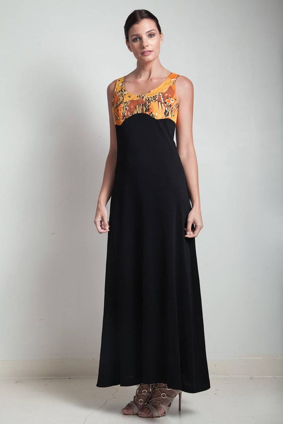 70s Vintage Maxi Black Dress Empire Waist Safari Animal Print Medium M