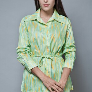 belted polyester shirt vintage 70s light green yellow bamboo stripes XL 1X extra large plus size 画像 2