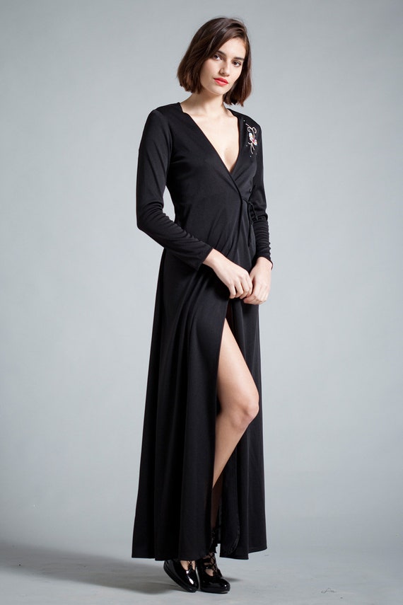 vintage 70s maxi wrap dress black long sleeves bu… - image 3