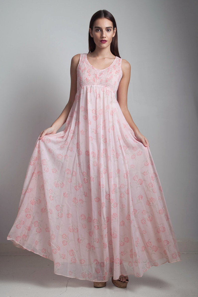 Sheer Gauzy Boho Cotton Dress 1970s Pink Floral Empire Maxi Smocked