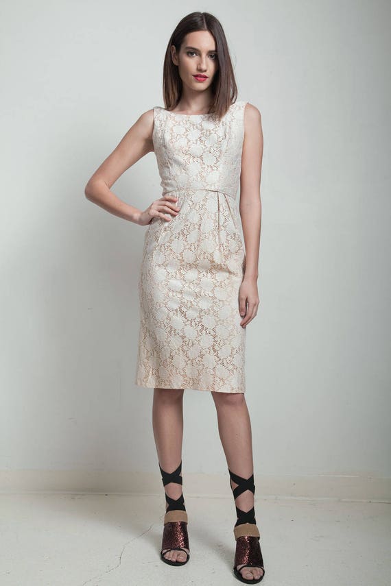 vintage 50s 1950s wiggle dress cream lace sleevel… - image 2