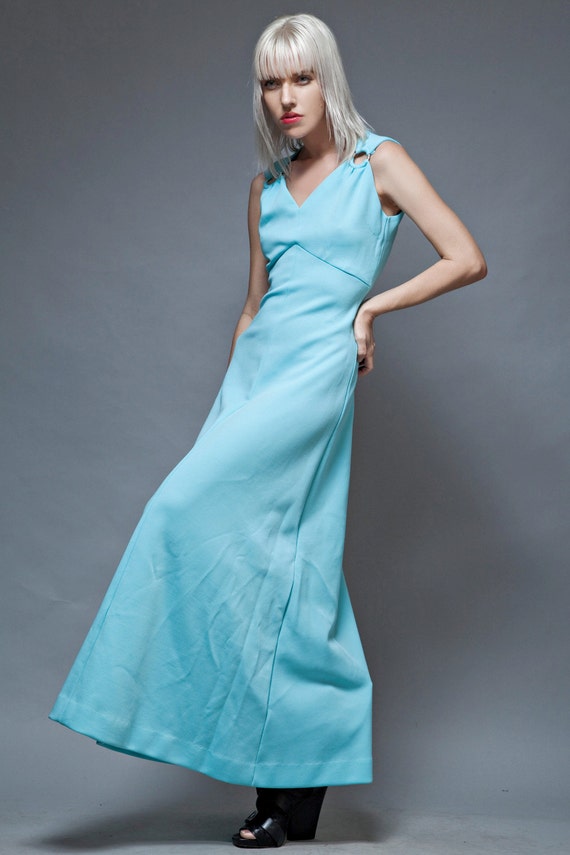 vintage 70s maxi dress empire light blue rhinesto… - image 2