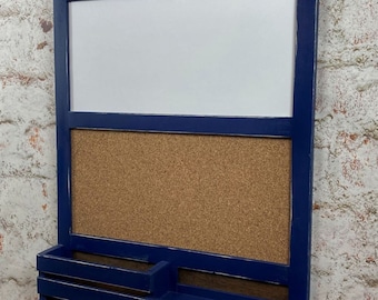 Horizontal Dry Erase Board & Cork Board Organizer with Mail Holder and 5 Key Hooks, You Choose Color, Finish and Hooks