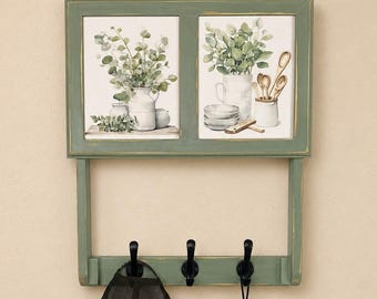 Coat Rack With Double 8x10 inch Photo Frames, Features Hidden Storage and LED Lighting, Key Holder,  Farmhouse Entryway Decor