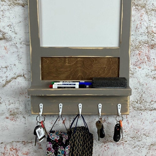 Dry Erase Board, 5 Key Holder Kitchen Organizer, Message Board, Key Hooks, Office Organizer, Command Center, authentic Gray, Dorm Room