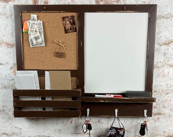 Kitchen Organizer - Command Center, Cork Board, Dry Erase Board, Mail Holder, Shelf with 3 Hooks, You Choose the Color, Finish and Hooks