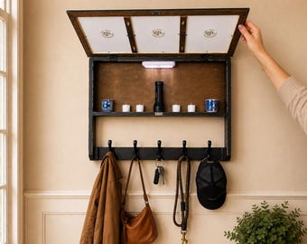 Coat Rack with Triple 8x10 inch Photo Frames, Features Hidden Storage and LED Lighting, Key Holder,  Farmhouse Entryway Decor