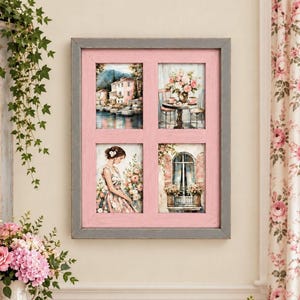 May include: A rectangular wall frame with a distressed gray outer border and a pink inner border, divided into four sections. Each section contains a separate illustration: a coastal village, a table with flowers, a person, and a window.