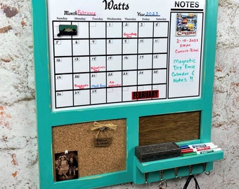 MAGNETIC, Command Center/Organizer with Personalized Dry Erase Calendar, Cork Board and 5 Hooks, You Choose Color, Finish and Hooks