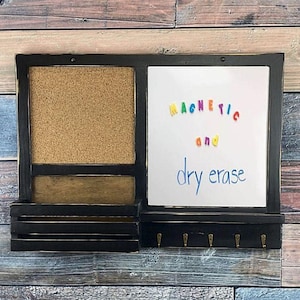 MAGNETIC Dry Erase White Board, Cork Board, Mail Holder/Command Center with Shelf and 5 Hooks, Your Choice Color, Finish and Hooks