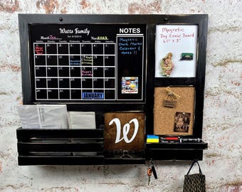 All in One Organizer with MAGNETIC Personalized Calendar & Dry Erase Board - Includes Cork Board, Mail Holder, Shelves and 3 Key Hooks