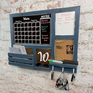 All-in-One, Liquid Chalk/Dry Erase Framed Calendar, Cork Board, Dry Erase Board, Command Center, Your Choice of Color, Finish and Hooks