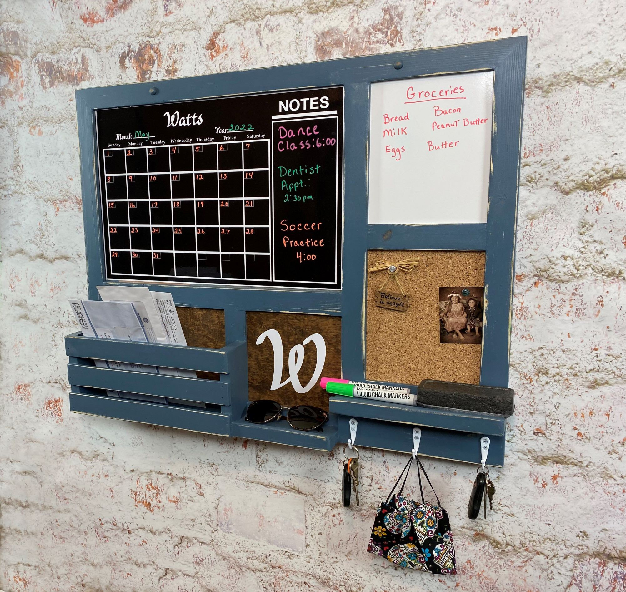 All-in-One, Liquid Chalk/Dry Erase Framed Calendar, Cork Board, Dry Erase Board, Command Center, Your Choice of Color, Finish and Hooks