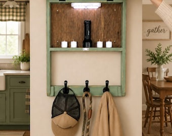 Coat Rack With Double 8x10 inch Photo Frames, Features Hidden Storage and LED Lighting, Key Holder,  Farmhouse Entryway Decor