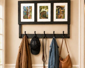 Coat Rack with Triple 8x10 inch Photo Frames, Features Hidden Storage and LED Lighting, Key Holder,  Farmhouse Entryway Decor