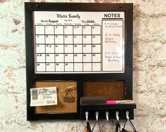 Organizer with Personalized Dry Erase Calendar, Cork Board & 5 Key Hooks, You Choose Color, Finish and Hooks