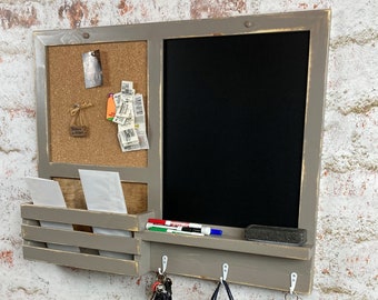 Chalkboard Organizer - Command Center with Cork Board, Mail Holder, 3 Key Hooks, You Choose the Color, Finish and Hooks