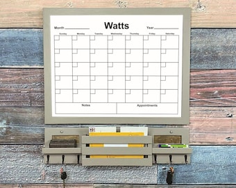Personalized Wall Calendar, Mail Holder with Shelves and 6 Key Hooks, Magnetic or Non Magnetic Choice, You Choose Color Finish and Hook