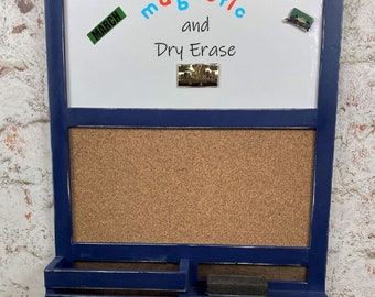 MAGNETIC Dry Erase Board Organizer with Cork Board, Mail Holder, Shelf and 5 Key Hooks, You Choose the Color, Finish and Hooks