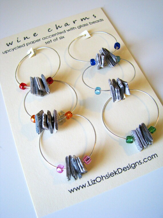 Items similar to Wine Glass Charms, Newspaper Beads, Upcycled Paper