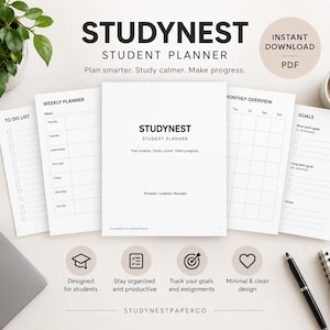 Op de afbeelding: Een digitale Studynest studentenplanner PDF met meerdere printbare pagina's, waaronder een takenlijst, weekplanner, maandoverzicht en doelen sectie. De lay-out is wit met zwarte tekst, inclusief de zinnen Plan smarter. Study calmer. Make progress. en Instant Download.