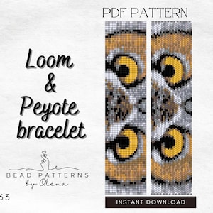 May include: A digital PDF pattern for a Loom & Peyote bracelet. The design features a detailed owl eye pattern in shades of yellow, brown, gray, and white. The text "PDF PATTERN" and "INSTANT DOWNLOAD" are visible.