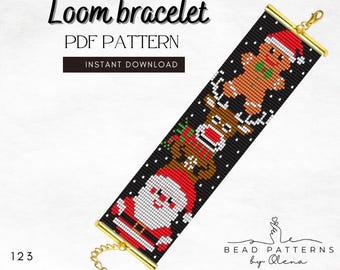 May include: Black loom bracelet with a Christmas theme. The bracelet features Santa Claus, a reindeer, and a gingerbread man design. The text "Loom bracelet PDF PATTERN INSTANT DOWNLOAD" is at the top.