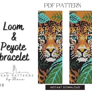 May include: A digital PDF pattern for a loom and peyote bracelet. The design features a detailed, pixelated image of a jaguar's face with turquoise eyes, set against a backdrop of orange and green foliage. The text "PDF PATTERN" and "INSTANT DOWNLOAD" are also visible.